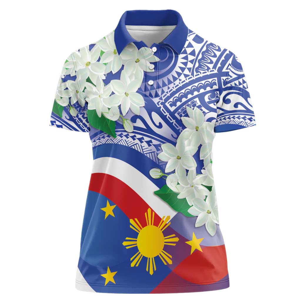 Philippines Flag Women Polo Shirt Sampaguita Jasmine with Polynesian Tribal