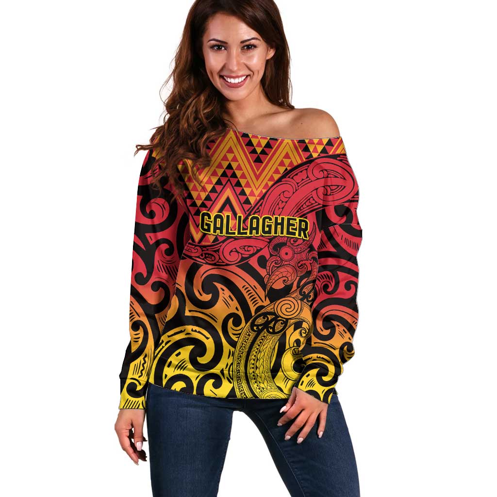 New Zealand Rangatira Custom Off Shoulder Sweater Red and Gold Niho Taniwha Maori Tribal LT9 Women Gold - Polynesian Pride