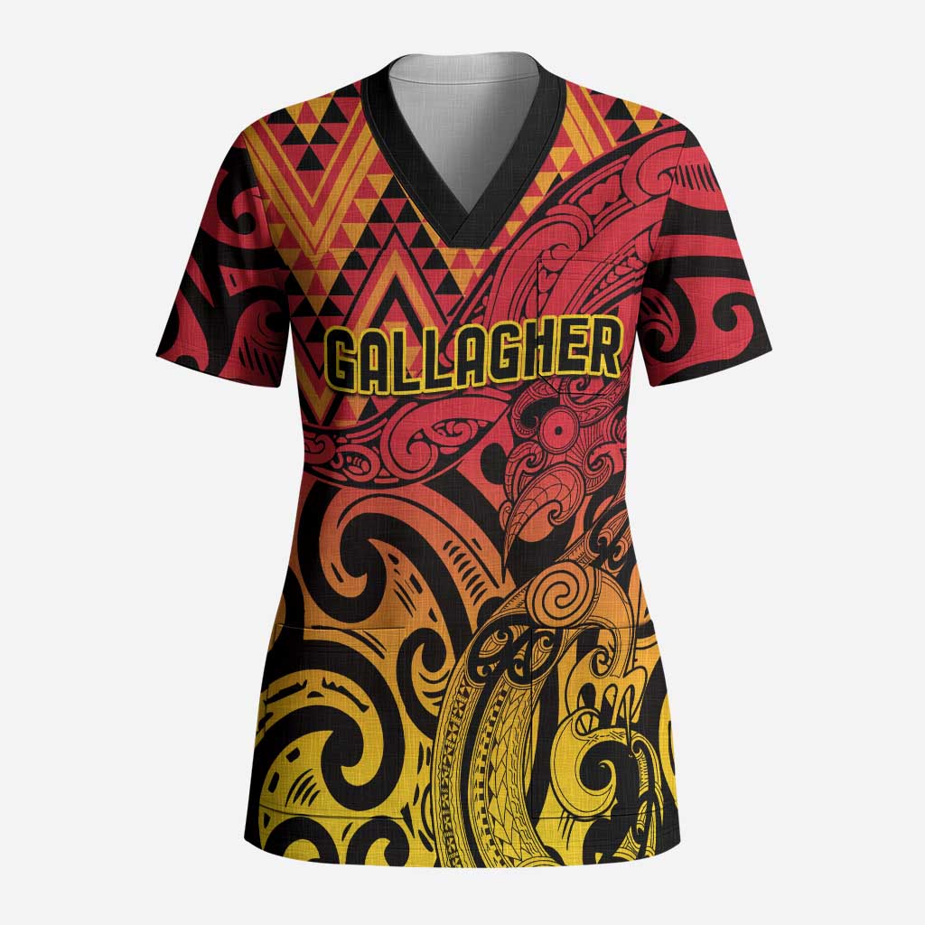 New Zealand Rangatira Custom Scrub Top Red and Gold Niho Taniwha Maori Tribal LT9 Adult Gold - Polynesian Pride