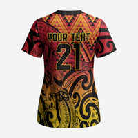 New Zealand Rangatira Custom Scrub Top Red and Gold Niho Taniwha Maori Tribal LT9 - Polynesian Pride