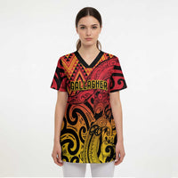 New Zealand Rangatira Custom Scrub Top Red and Gold Niho Taniwha Maori Tribal LT9 - Polynesian Pride