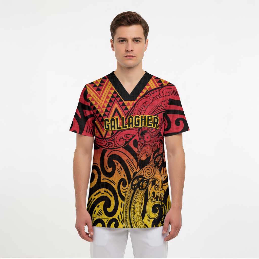 New Zealand Rangatira Custom Scrub Top Red and Gold Niho Taniwha Maori Tribal LT9 - Polynesian Pride