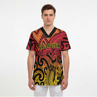 New Zealand Rangatira Custom Scrub Top Red and Gold Niho Taniwha Maori Tribal LT9 - Polynesian Pride