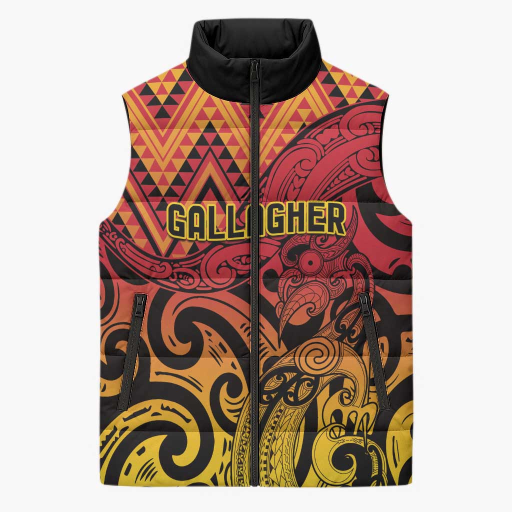 New Zealand Rangatira Custom Sleeveless Puffer Jacket Red and Gold Niho Taniwha Maori Tribal LT9 Unisex Gold - Polynesian Pride