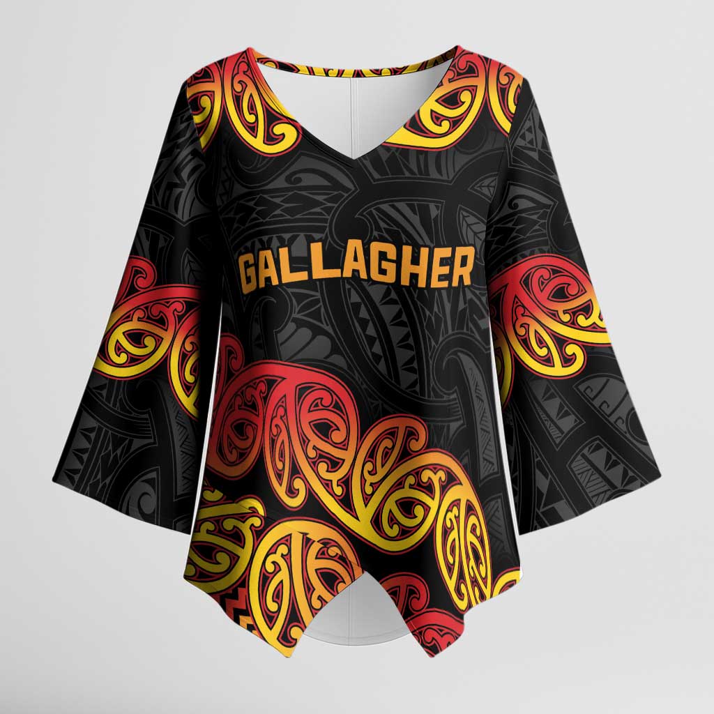 New Zealand Rugby Pacific Custom Kimono Sleeve Blouse Rangatira Maori Kowhaiwhai Pattern LT9 Female Gold - Polynesian Pride