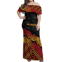 New Zealand Rugby Pacific Custom Off Shoulder Maxi Dress Rangatira Maori Kowhaiwhai Pattern LT9 Women Gold - Polynesian Pride