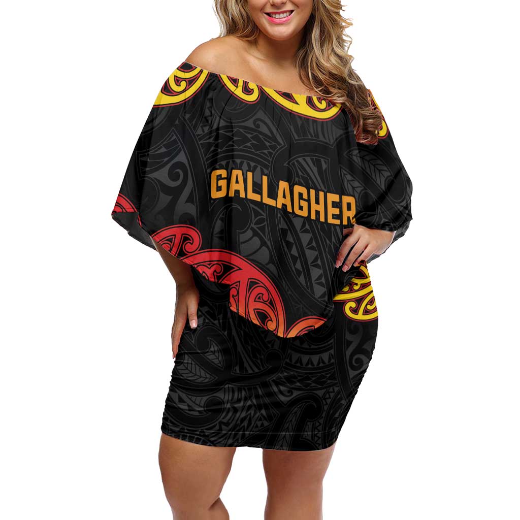 New Zealand Rugby Pacific Custom Off Shoulder Short Dress Rangatira Maori Kowhaiwhai Pattern LT9 Women Gold - Polynesian Pride