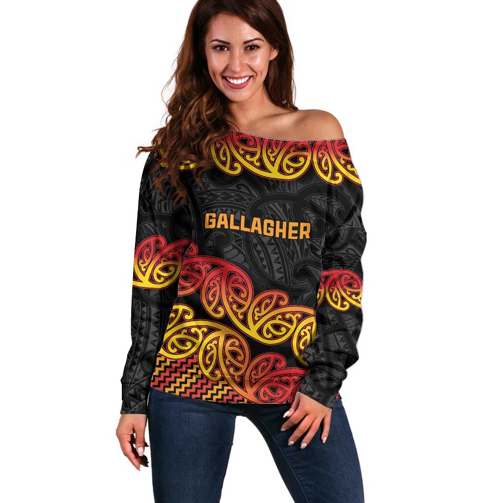 New Zealand Rugby Pacific Custom Off Shoulder Sweater Rangatira Maori Kowhaiwhai Pattern LT9 Women Gold - Polynesian Pride
