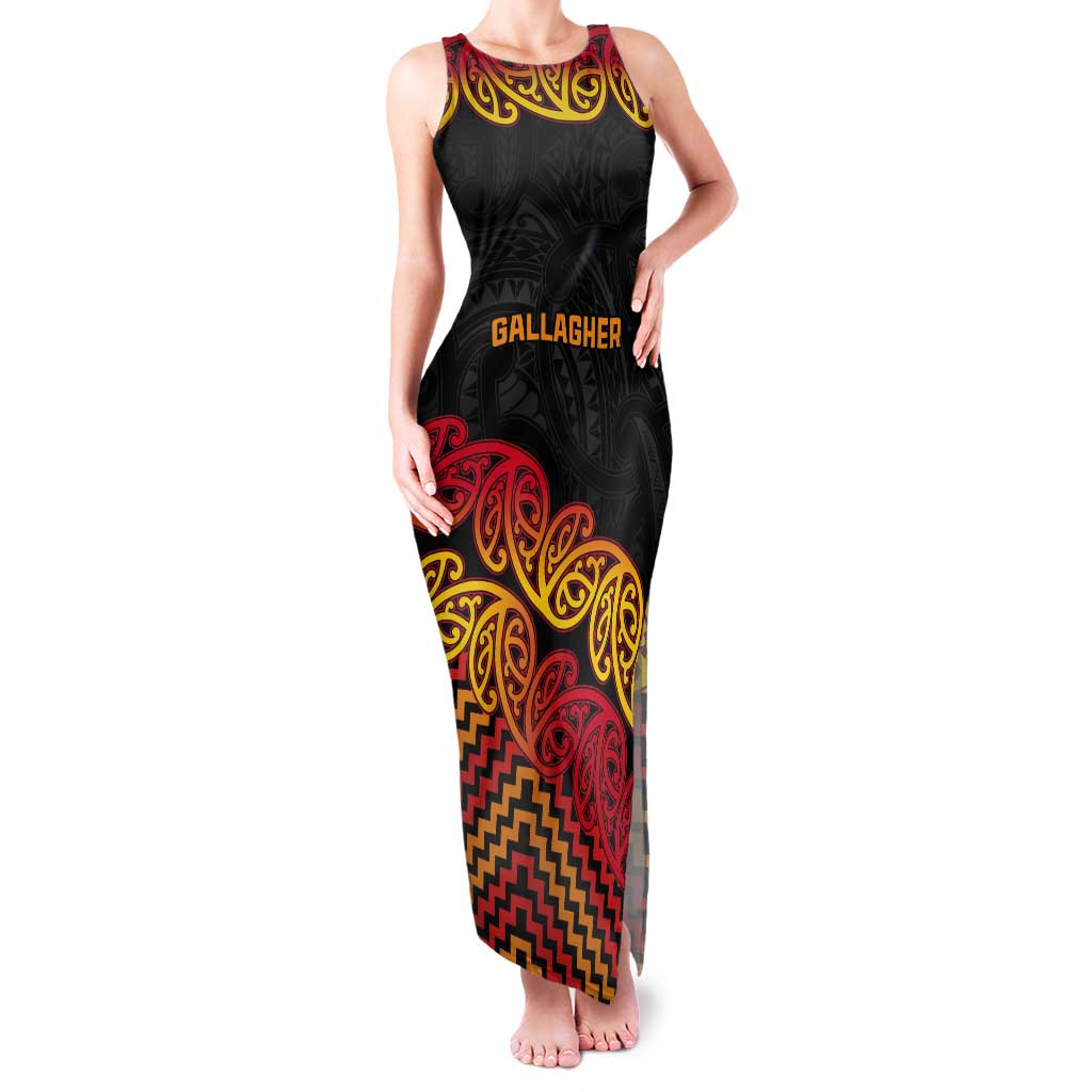 New Zealand Rugby Pacific Custom Tank Maxi Dress Rangatira Maori Kowhaiwhai Pattern LT9 Women Gold - Polynesian Pride