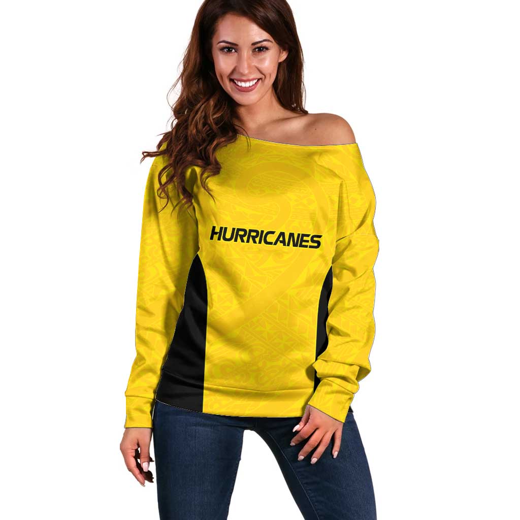 New Zealand Rugby Pacific Custom Off Shoulder Sweater Hau Awhiowhio Maori Tribal Tattoo LT9 Women Gold - Polynesian Pride