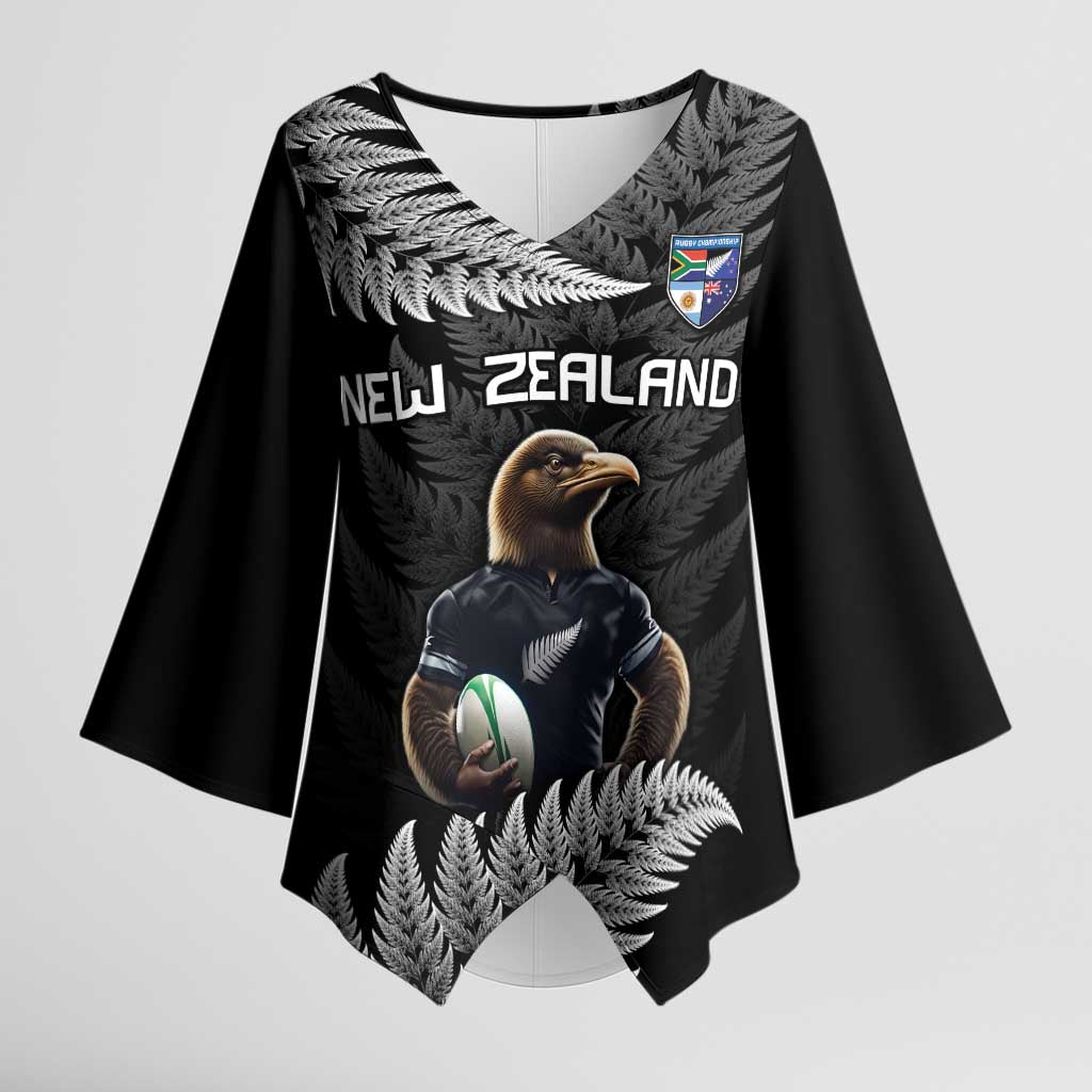 New Zealand Rugby Custom Kimono Sleeve Blouse Glory Be To Black Silver-fern LT9 Female Black - Polynesian Pride