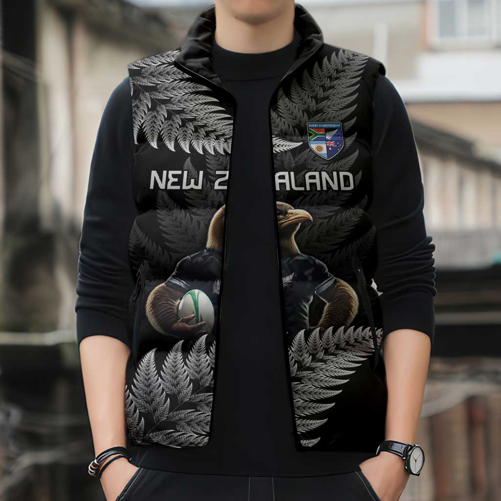 New Zealand Rugby Custom Sleeveless Puffer Jacket Glory Be To Black Silver-fern LT9 - Polynesian Pride