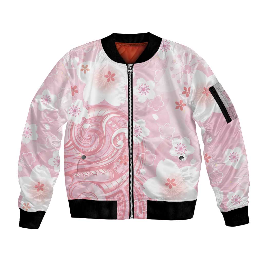 Japan Sakura Floral with Polynesian Vibe Sleeve Zip Bomber Jacket LT9 Unisex Pink - Polynesian Pride