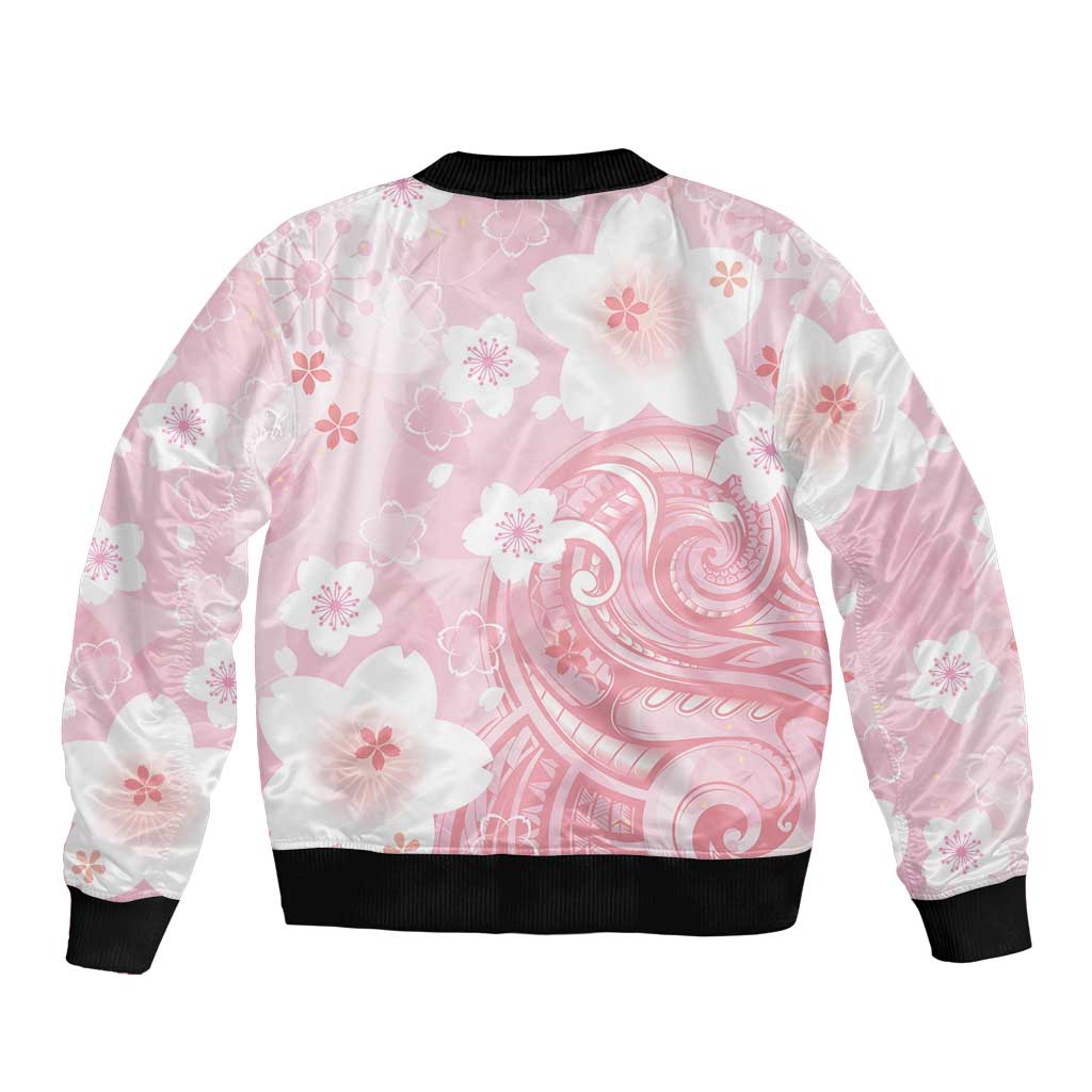 Japan Sakura Floral with Polynesian Vibe Sleeve Zip Bomber Jacket LT9 - Polynesian Pride