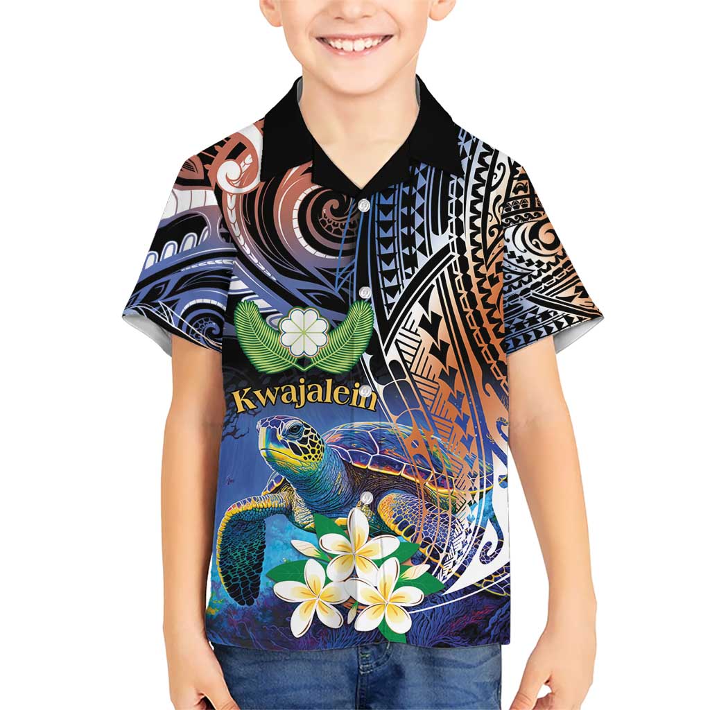 Marshall Islands Kwajalein Atoll Kid Hawaiian Shirt Plumeria Sea Turtle with Polynesian Tribal LT9 Kid Blue - Polynesian Pride