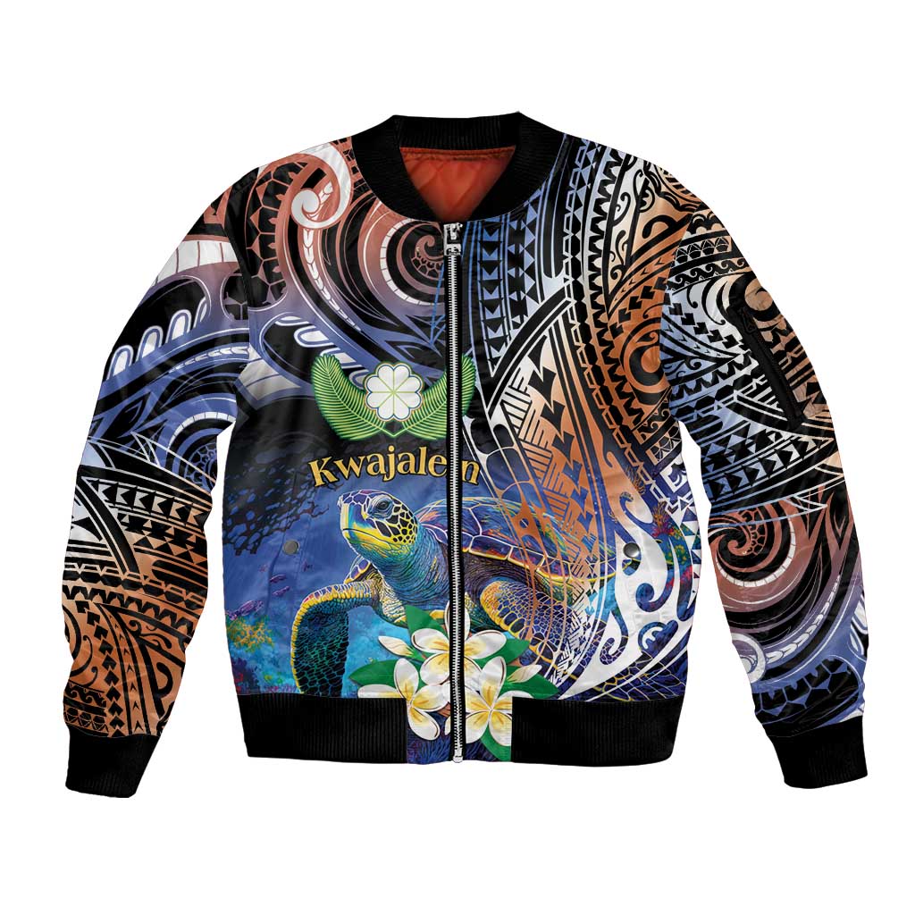 Marshall Islands Kwajalein Atoll Sleeve Zip Bomber Jacket Plumeria Sea Turtle with Polynesian Tribal LT9 Unisex Blue - Polynesian Pride
