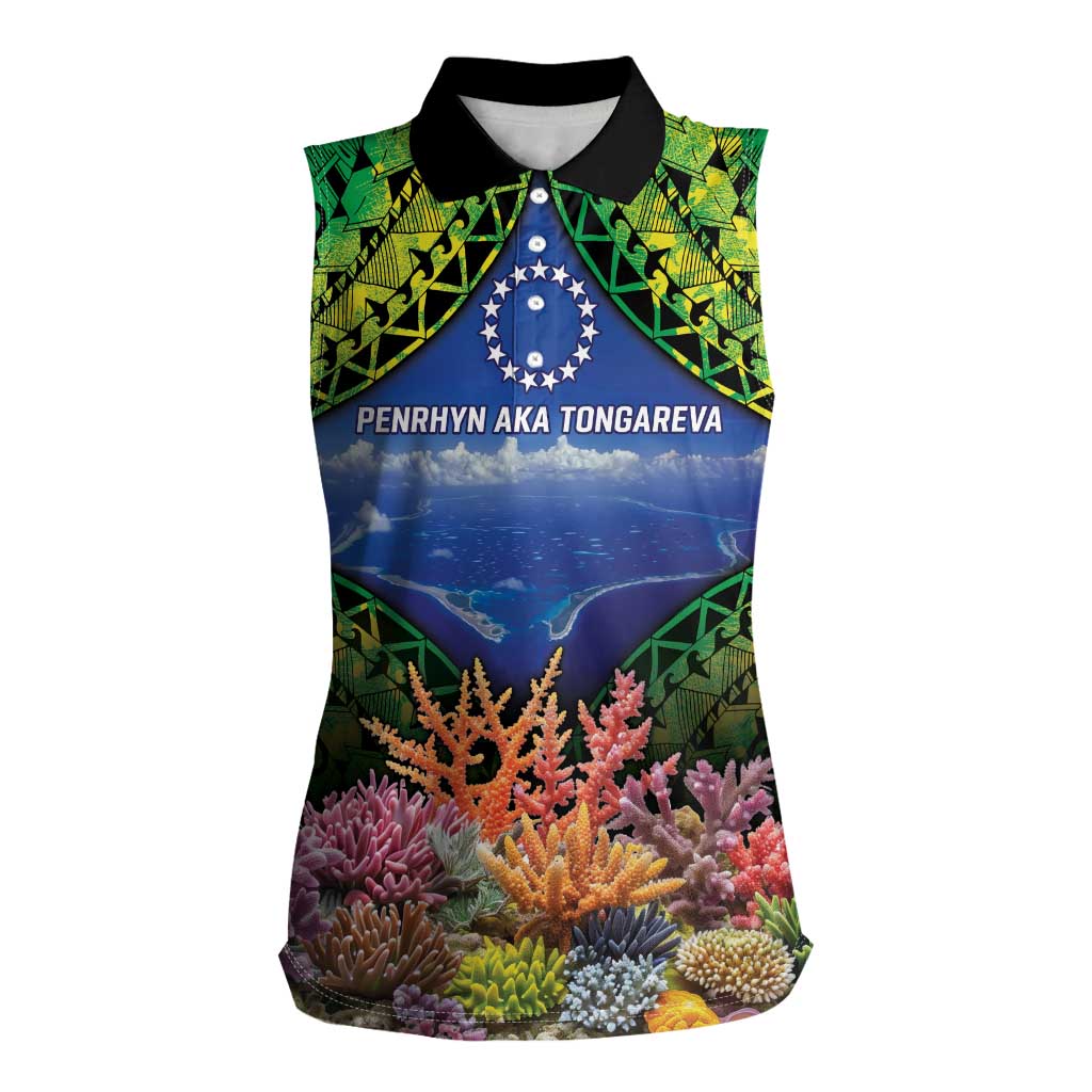 Penrhyn aka Tongareva Cook Islands Atoll Personalised Women Sleeveless Polo Shirt with Pacific Coral Reef Green Vibe