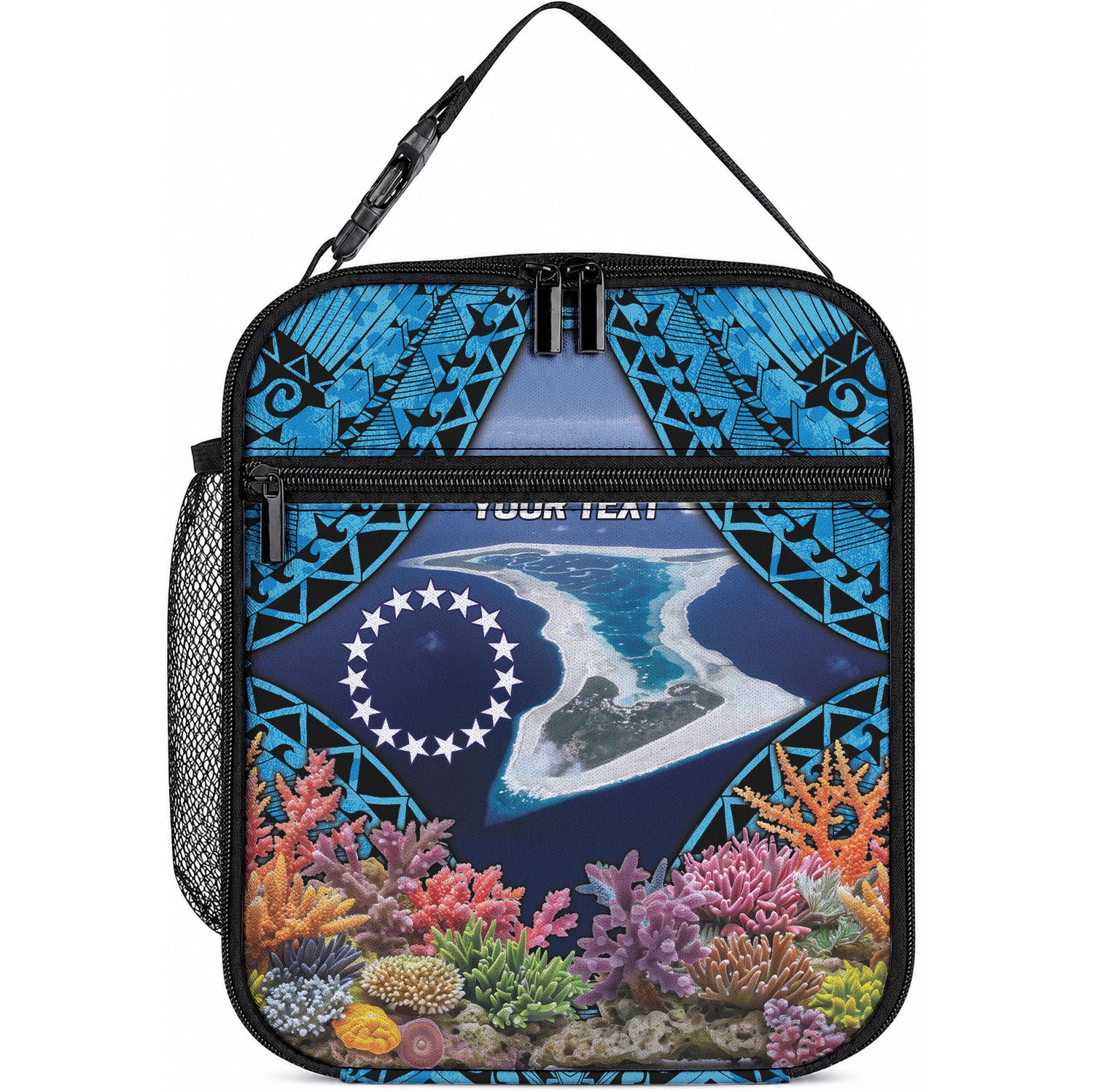Te Ulu o te Watu Cook Islands Atoll Personalised Lunch Bag Pukapuka Map with Pacific Coral Reef Blue Vibe LT9 10.2 × 8.3 × 4.3 inch Blue - Polynesian Pride