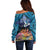 Te Ulu o te Watu Cook Islands Atoll Personalised Off Shoulder Sweater Pukapuka Map with Pacific Coral Reef Blue Vibe