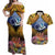 Te Ulu o te Watu Cook Islands Atoll Personalised Couples Matching Off Shoulder Maxi Dress and Hawaiian Shirt Pukapuka Map with Pacific Coral Reef Gold Vibe