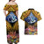 Te Ulu o te Watu Cook Islands Atoll Personalised Couples Matching Off Shoulder Maxi Dress and Hawaiian Shirt Pukapuka Map with Pacific Coral Reef Gold Vibe