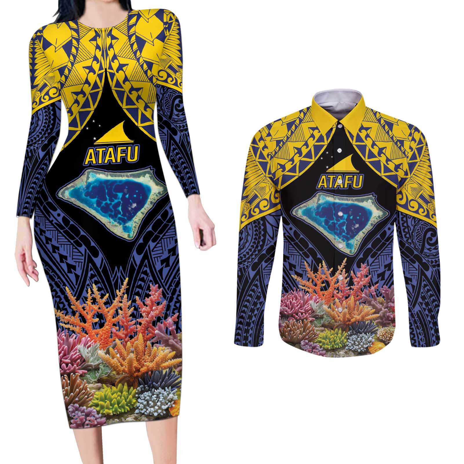 Tokelau Atafu Atoll Personalised Couples Matching Long Sleeve Bodycon Dress and Long Sleeve Button Shirt Pacific Coral Reef Vibe