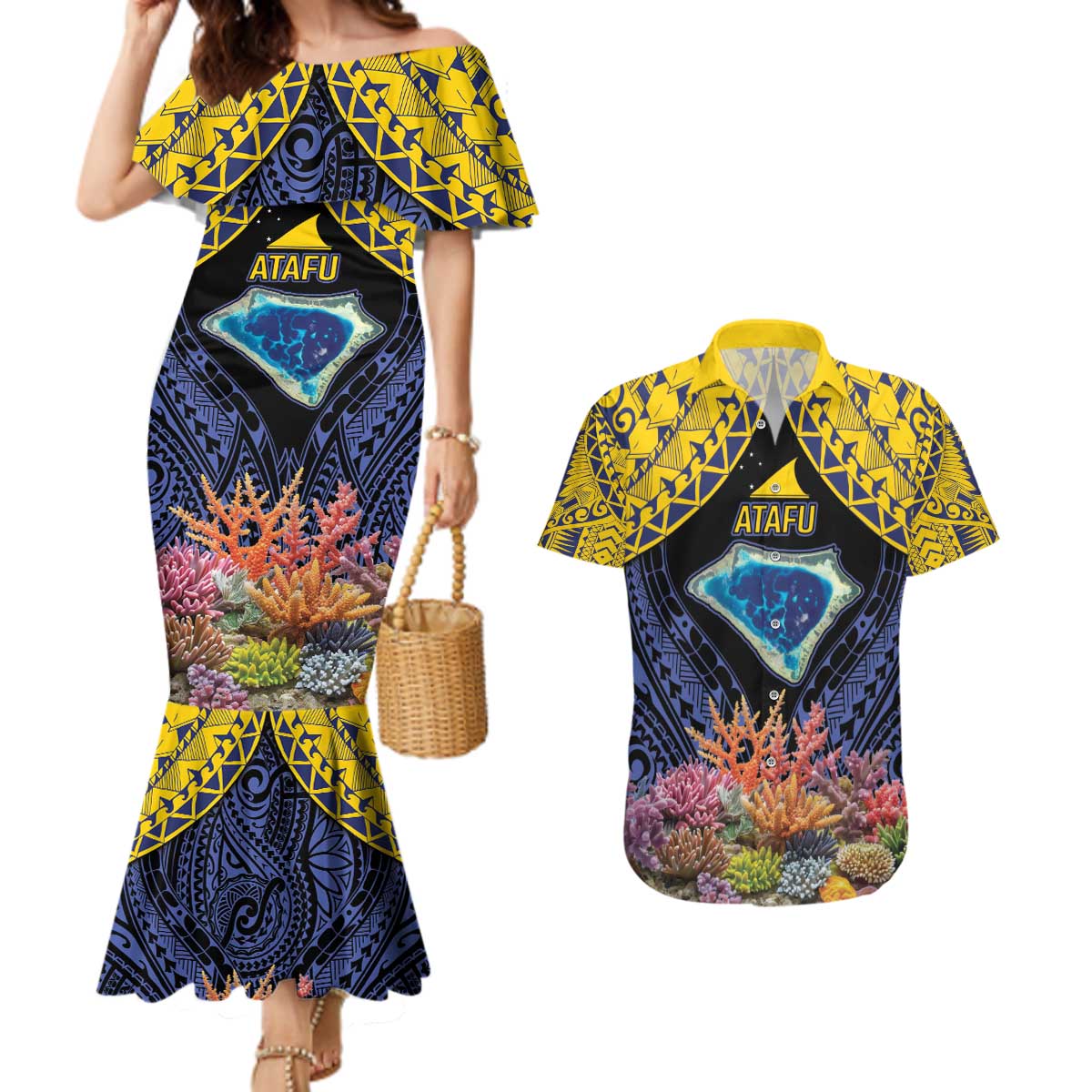 Tokelau Atafu Atoll Personalised Couples Matching Mermaid Dress and Hawaiian Shirt Pacific Coral Reef Vibe