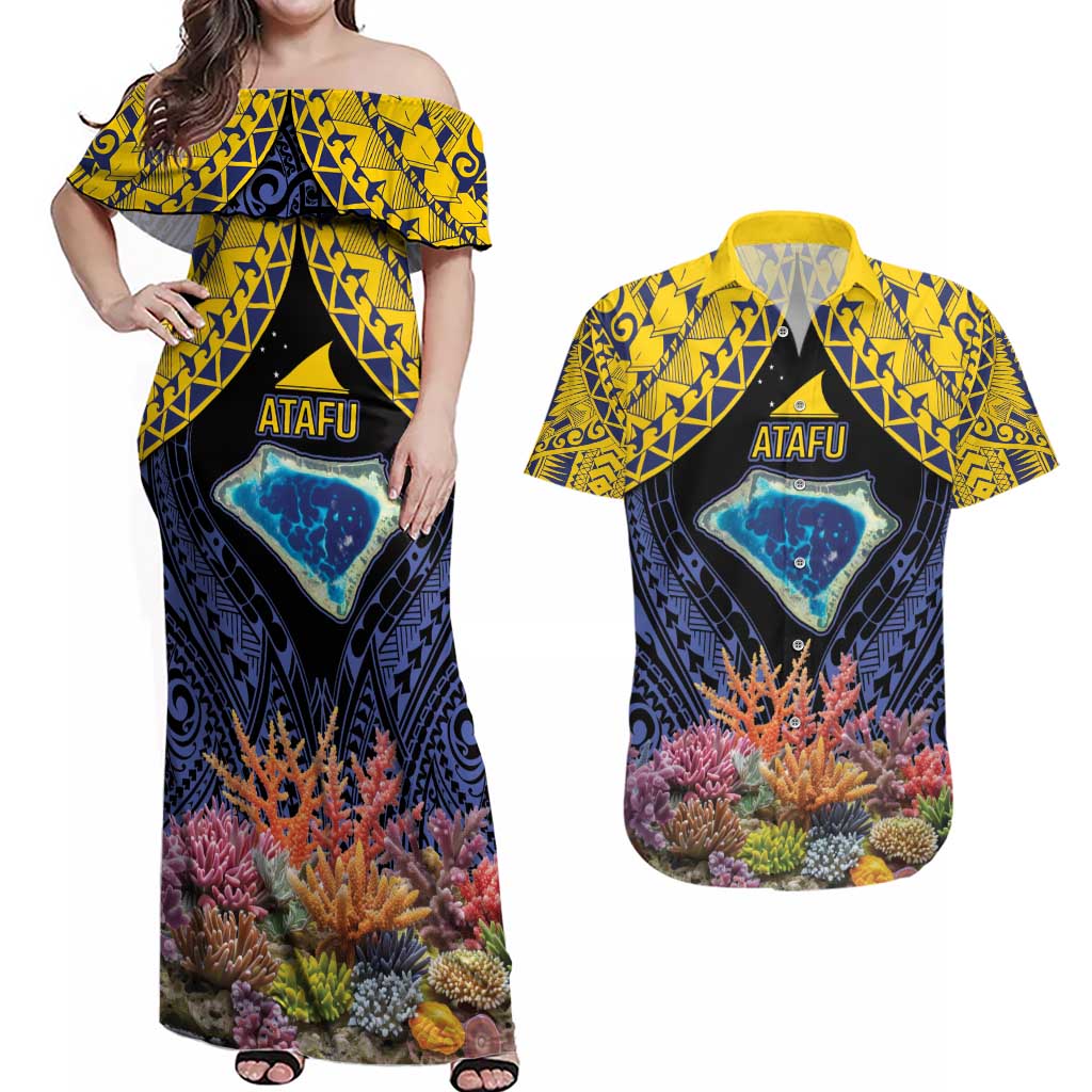 Tokelau Atafu Atoll Personalised Couples Matching Off Shoulder Maxi Dress and Hawaiian Shirt Pacific Coral Reef Vibe