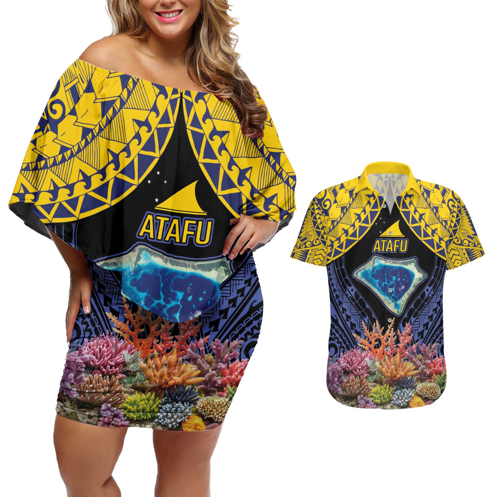 Tokelau Atafu Atoll Personalised Couples Matching Off Shoulder Short Dress and Hawaiian Shirt Pacific Coral Reef Vibe