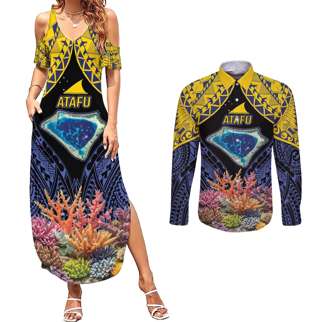 Tokelau Atafu Atoll Personalised Couples Matching Summer Maxi Dress and Long Sleeve Button Shirt Pacific Coral Reef Vibe