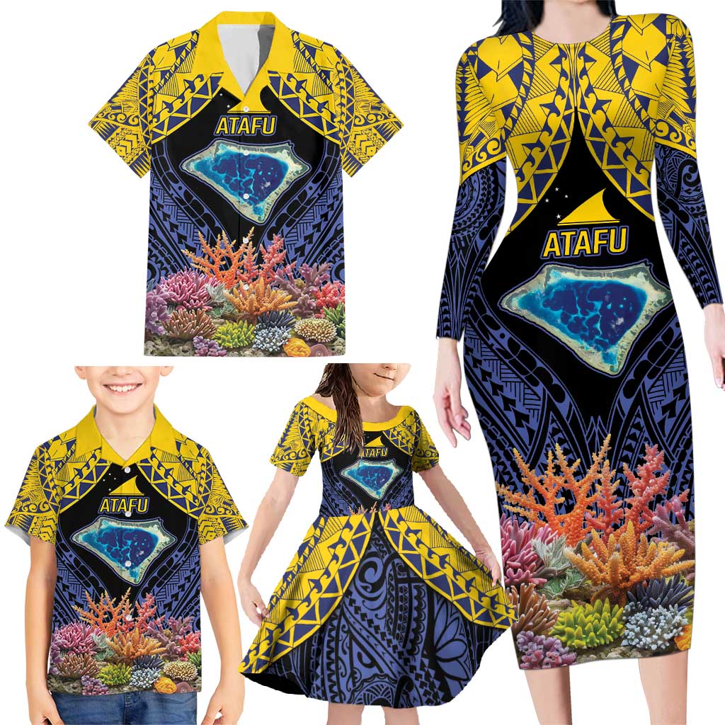 Tokelau Atafu Atoll Personalised Family Matching Long Sleeve Bodycon Dress and Hawaiian Shirt Pacific Coral Reef Vibe