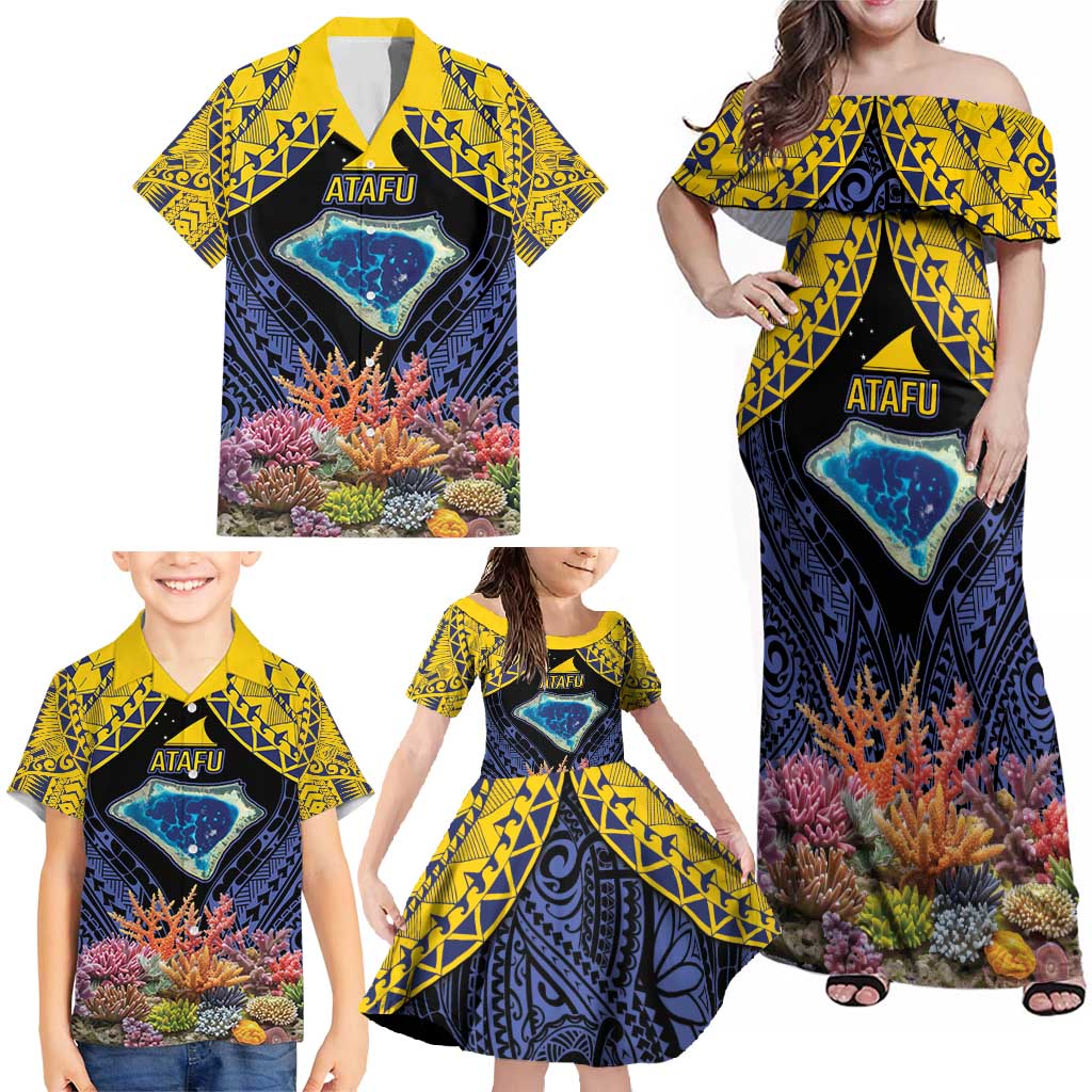 Tokelau Atafu Atoll Personalised Family Matching Off Shoulder Maxi Dress and Hawaiian Shirt Pacific Coral Reef Vibe