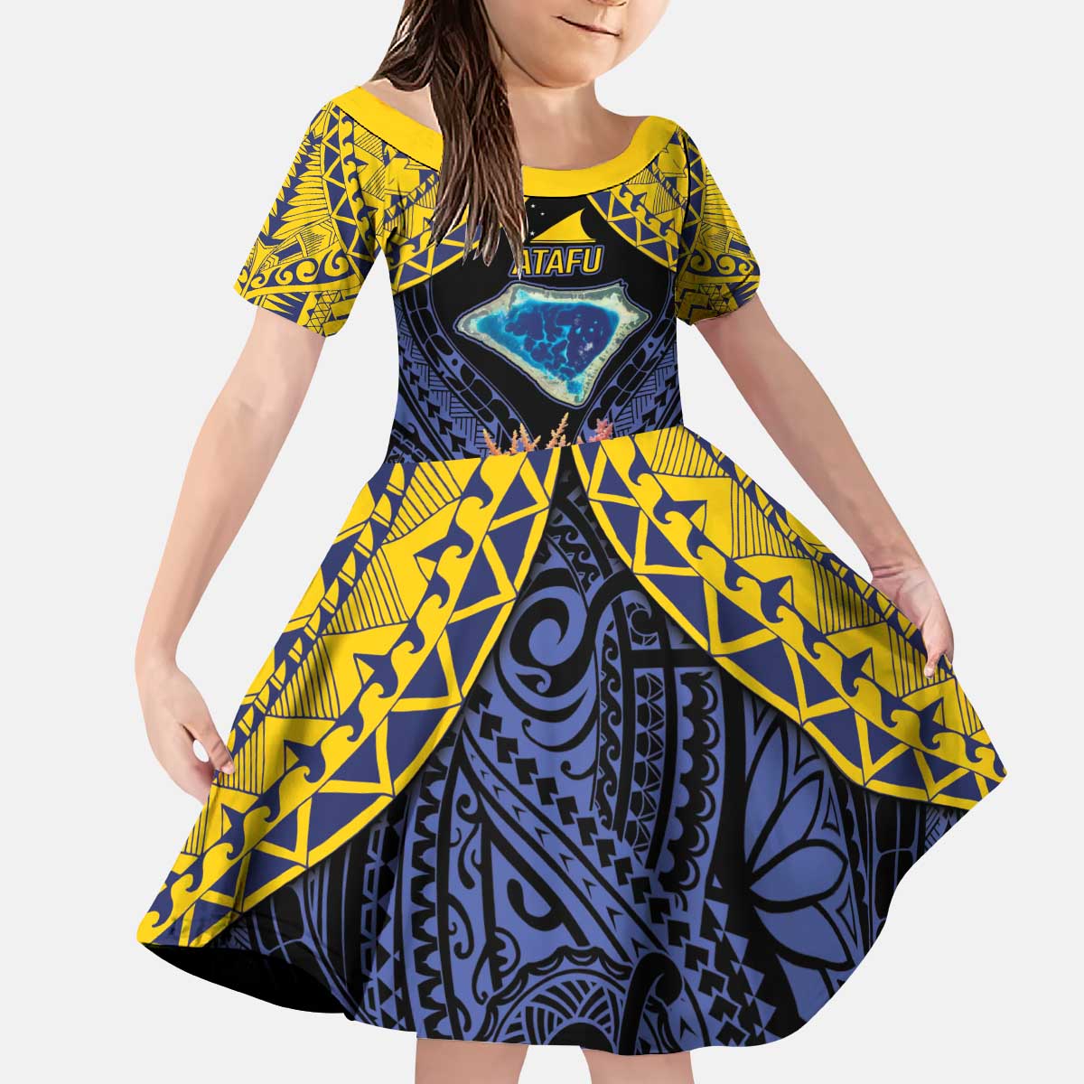 Tokelau Atafu Atoll Personalised Kid Short Sleeve Dress Pacific Coral Reef Vibe LT9 KID Gold - Polynesian Pride