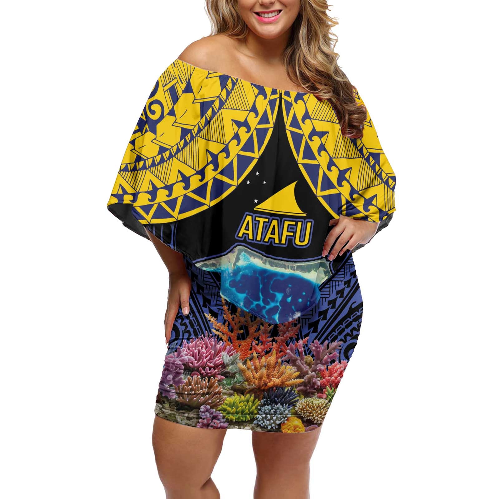 Tokelau Atafu Atoll Personalised Off Shoulder Short Dress Pacific Coral Reef Vibe LT9 Women Gold - Polynesian Pride
