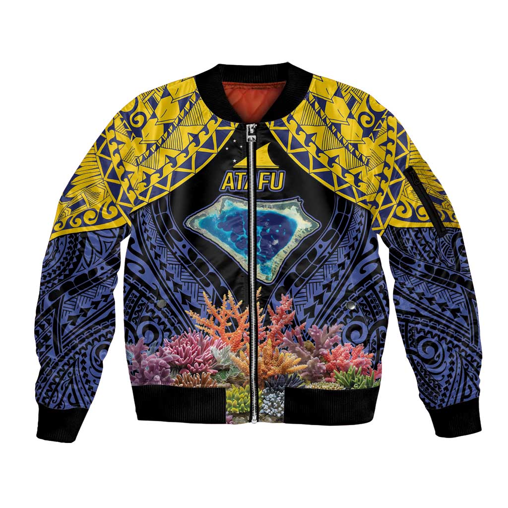 Tokelau Atafu Atoll Personalised Sleeve Zip Bomber Jacket Pacific Coral Reef Vibe LT9 Unisex Gold - Polynesian Pride