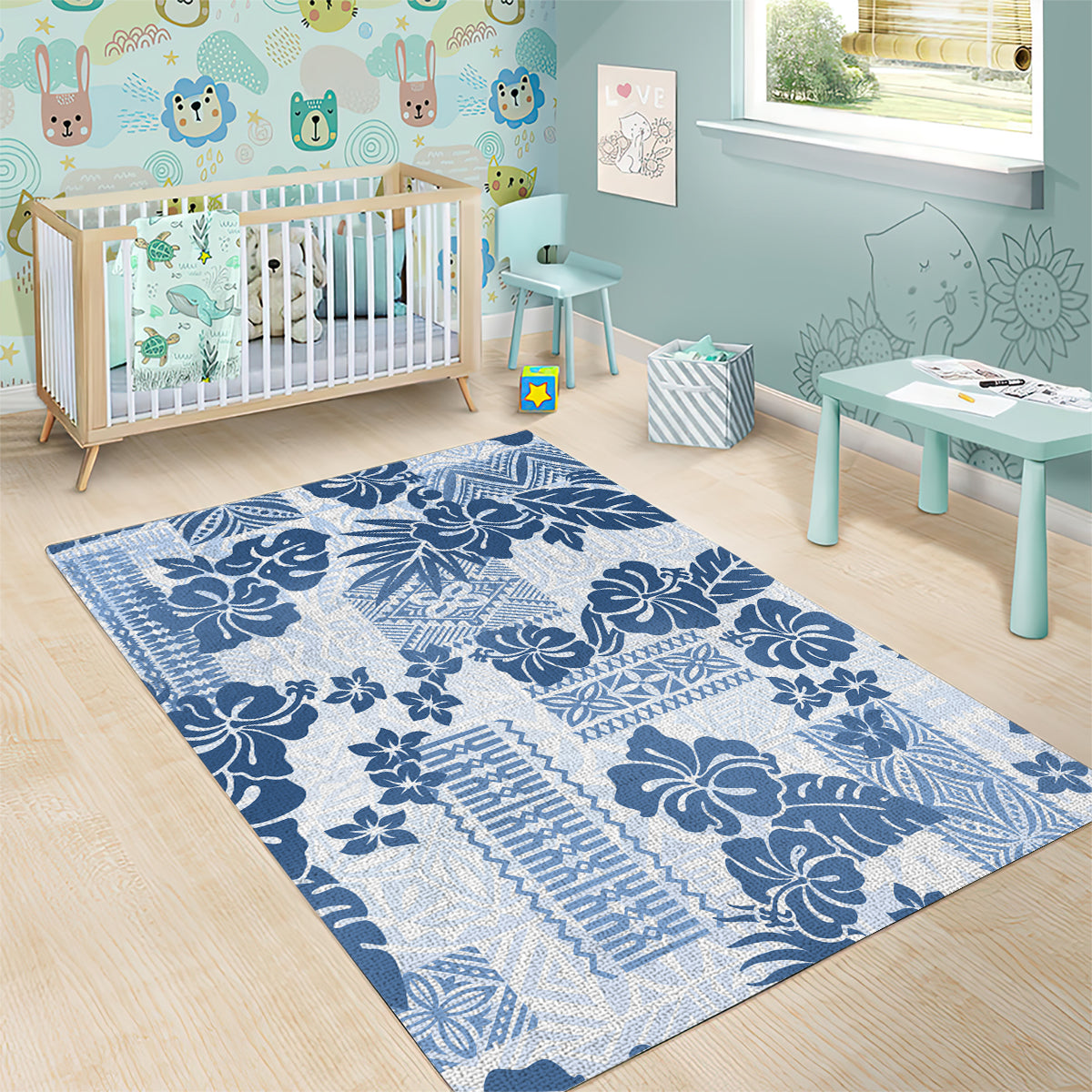 Vintage Hawaii Area Rug Hibiscus Tapa Tribal With Hawaiian Quilt Pattern Blue LT9 - Polynesian Pride