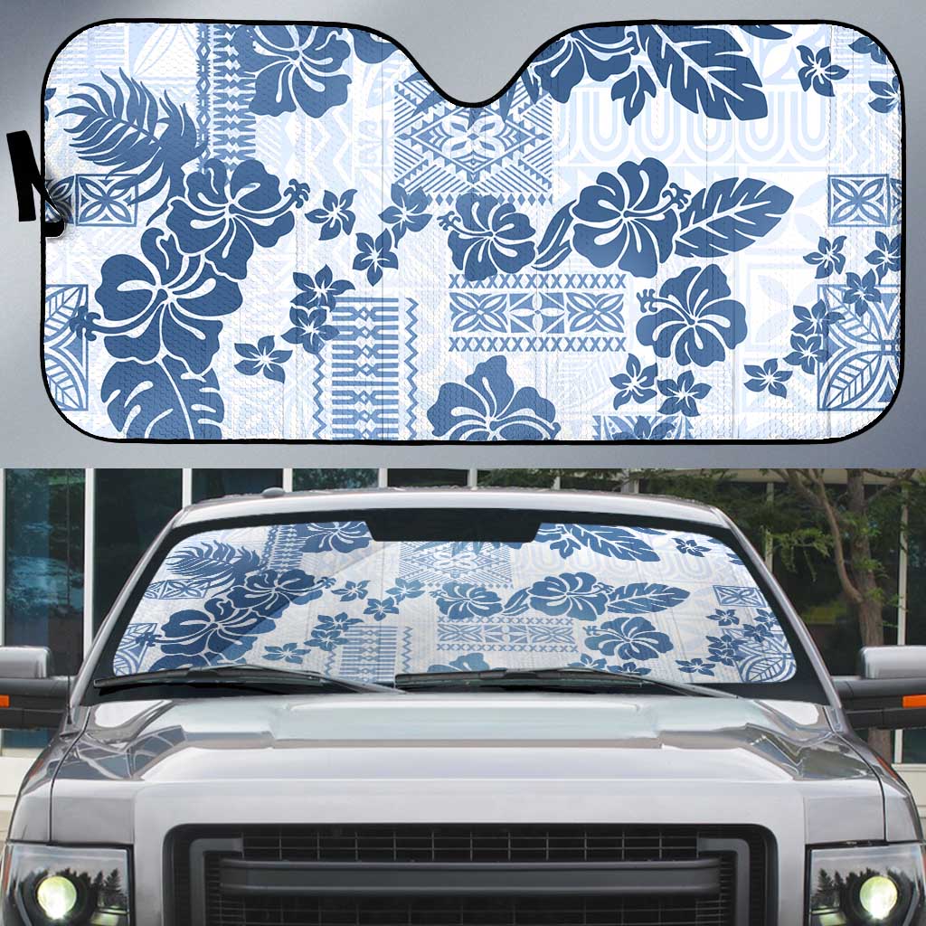 Vintage Hawaii Auto Sun Shade Hibiscus Tapa Tribal With Hawaiian Quilt Pattern Blue LT9 Blue - Polynesian Pride