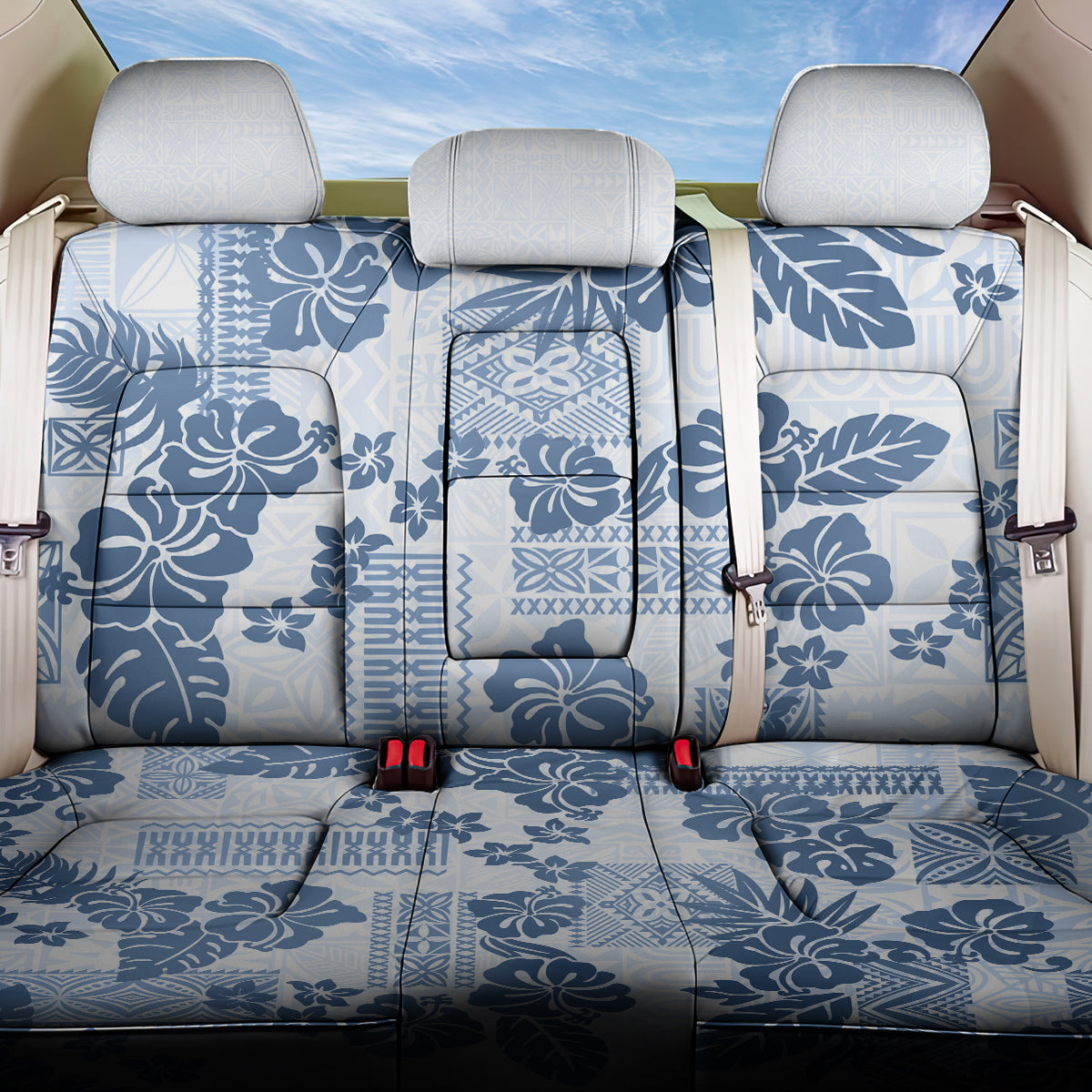 Vintage Hawaii Back Car Seat Cover Hibiscus Tapa Tribal With Hawaiian Quilt Pattern Blue