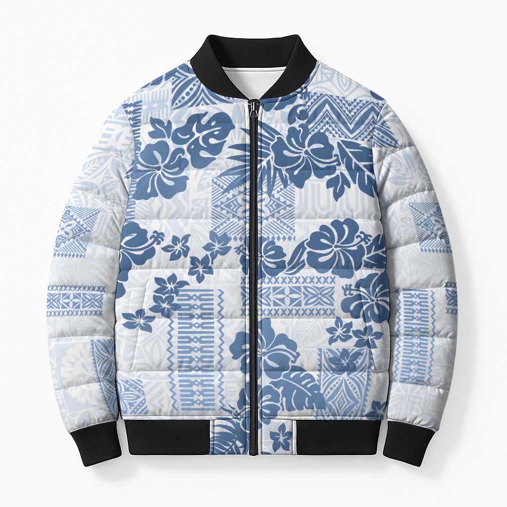 Vintage Hawaii Bomber Puffer Jacket Hibiscus Tapa Tribal With Hawaiian Quilt Pattern Blue LT9 Unisex Blue - Polynesian Pride
