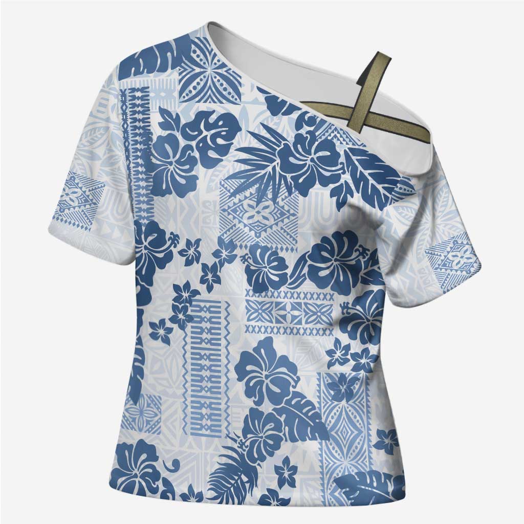 Vintage Hawaii Cross Shoulder Shirt Hibiscus Tapa Tribal With Hawaiian Quilt Pattern Blue LT9 Female Blue - Polynesian Pride