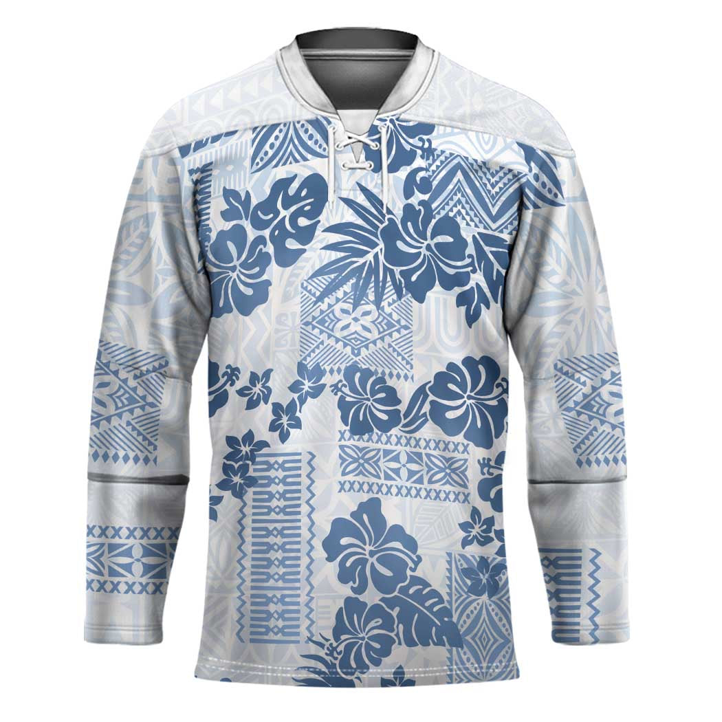 Vintage Hawaii Hockey Jersey Hibiscus Tapa Tribal With Hawaiian Quilt Pattern Blue LT9 Unisex Blue - Polynesian Pride