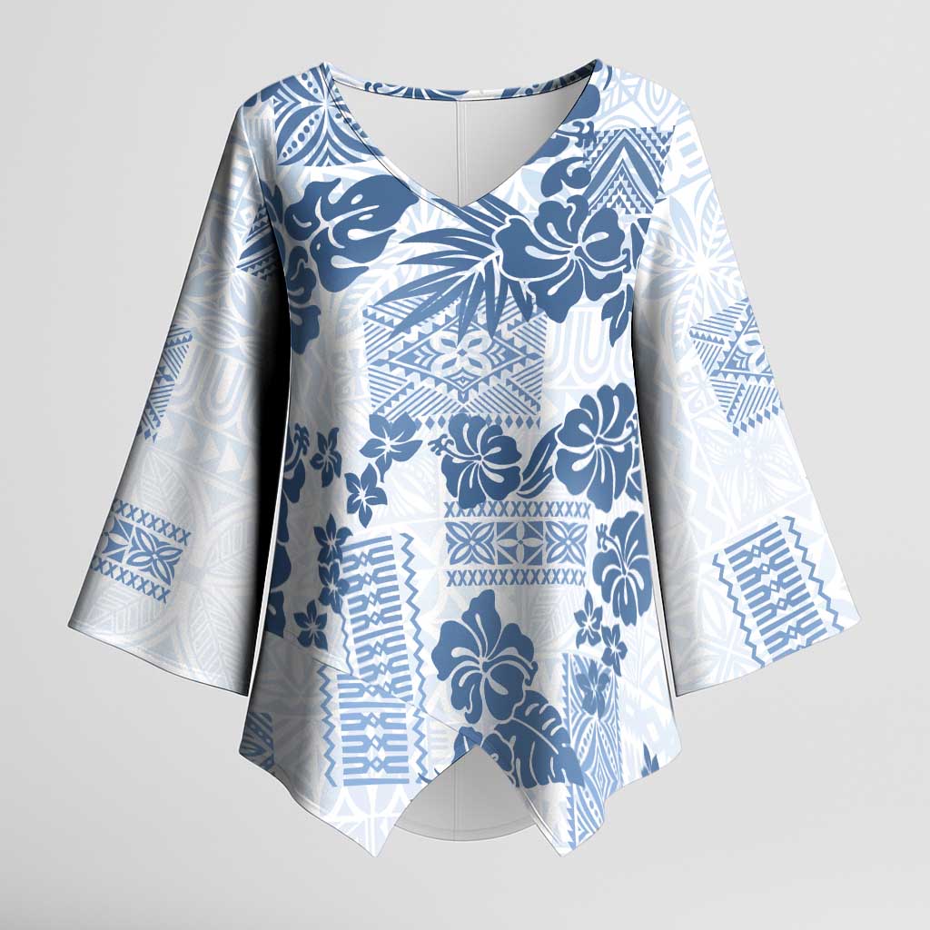 Vintage Hawaii Kimono Sleeve Blouse Hibiscus Tapa Tribal With Hawaiian Quilt Pattern Blue LT9 Female Blue - Polynesian Pride