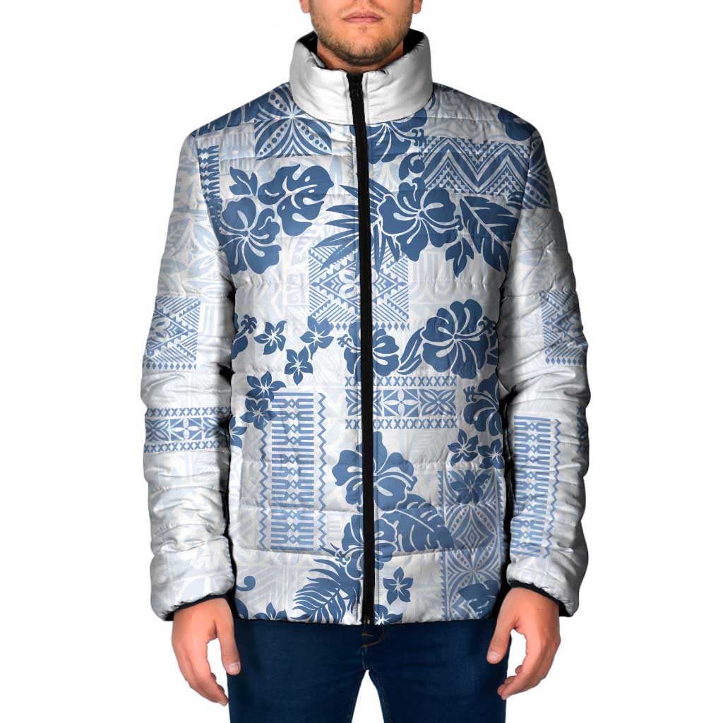 Vintage Hawaii Padded Jacket Hibiscus Tapa Tribal With Hawaiian Quilt Pattern Blue LT9 Men Blue - Polynesian Pride