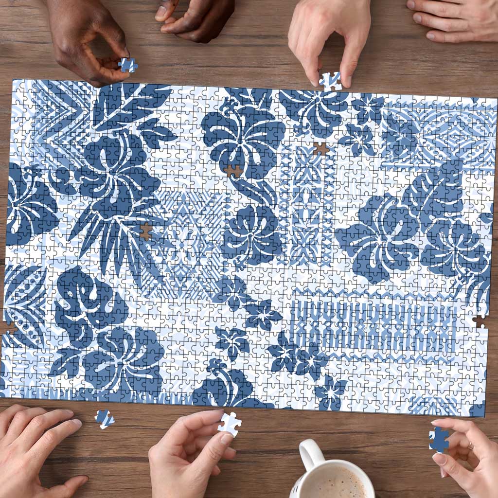 Vintage Hawaii Puzzle Hibiscus Tapa Tribal With Hawaiian Quilt Pattern Blue LT9 - Polynesian Pride