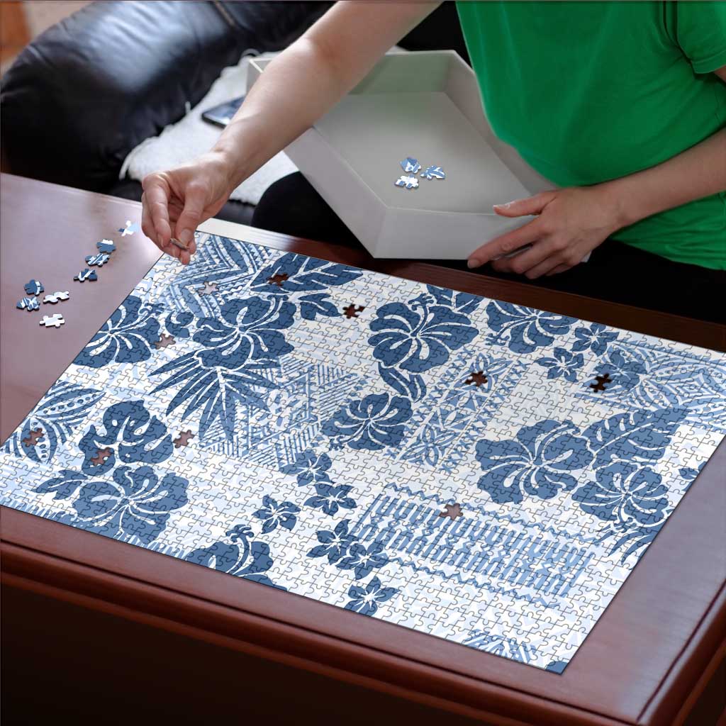 Vintage Hawaii Puzzle Hibiscus Tapa Tribal With Hawaiian Quilt Pattern Blue LT9 - Polynesian Pride