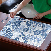 Vintage Hawaii Puzzle Hibiscus Tapa Tribal With Hawaiian Quilt Pattern Blue LT9 - Polynesian Pride