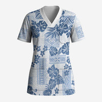 Vintage Hawaii Scrub Top Hibiscus Tapa Tribal With Hawaiian Quilt Pattern Blue LT9 Adult Blue - Polynesian Pride