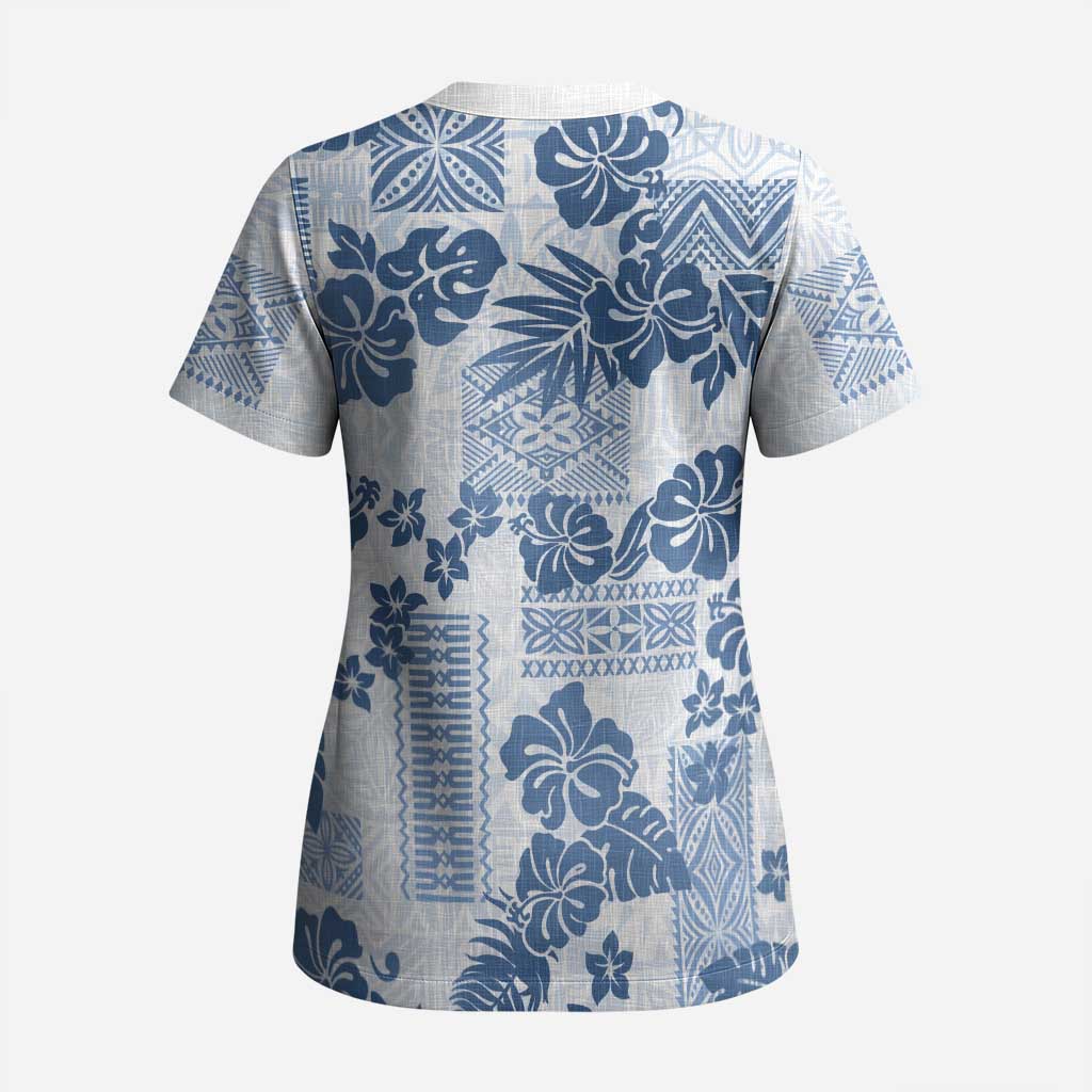 Vintage Hawaii Scrub Top Hibiscus Tapa Tribal With Hawaiian Quilt Pattern Blue LT9 - Polynesian Pride