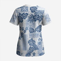 Vintage Hawaii Scrub Top Hibiscus Tapa Tribal With Hawaiian Quilt Pattern Blue LT9 - Polynesian Pride