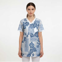 Vintage Hawaii Scrub Top Hibiscus Tapa Tribal With Hawaiian Quilt Pattern Blue LT9 - Polynesian Pride